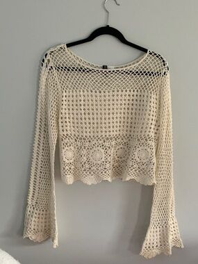 Crochet Open-Knit Cream Long-Sleeve Top